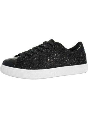 Women's Black Bling Shiny Sparkle Bedazzled Lace-Up Fashion Sneaker for Walking